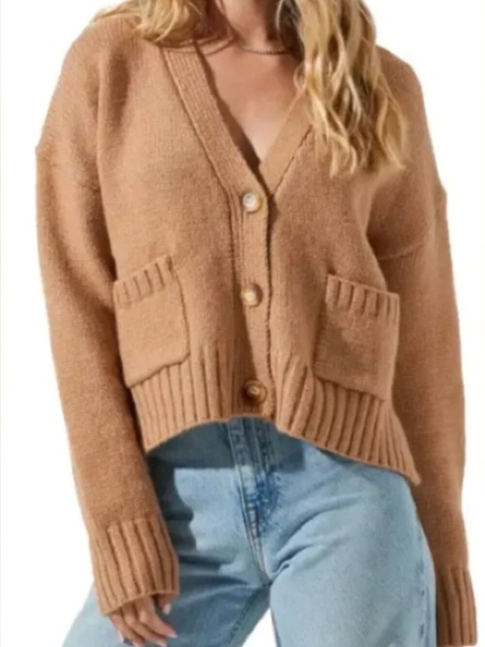 ASTR THE LABEL Oversized Cropped Button Cardigan in tan beige M Medium